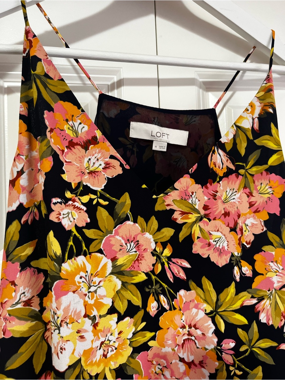 LOFT Black Floral Spaghetti Strap Cami with Pink & Yellow Blooms